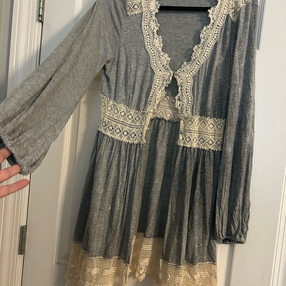 Ryu Gray Dress with Cream Lace Accents